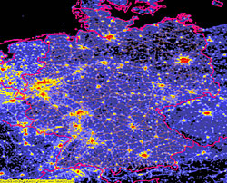 Lichtverschmutzung  Deutschland 2002 mit Stra&szlig;en