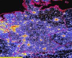 Lichtverschmutzung  Deutschland 2002 mit Straßen